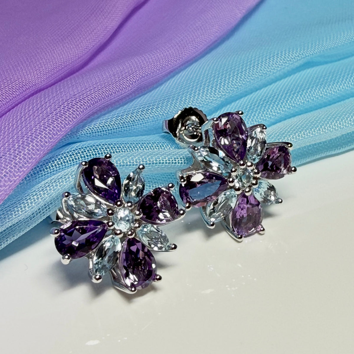 Pair of real amethyst and real blue topaz fancy spray stud earrings