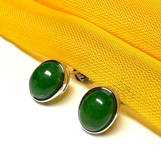 Pair of real green jade white gold oval stud earrings