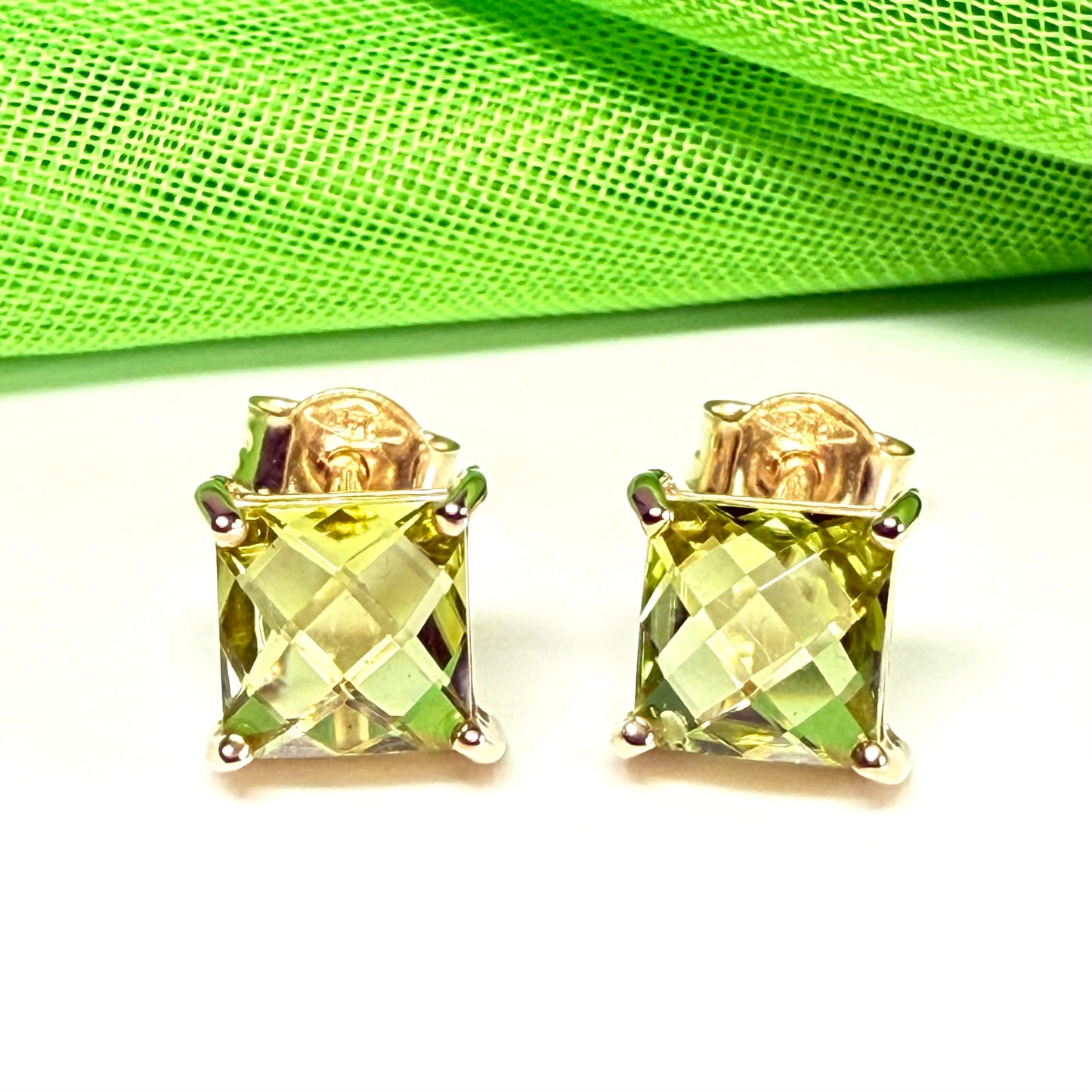 Real green peridot square cut stud earrings yellow gold