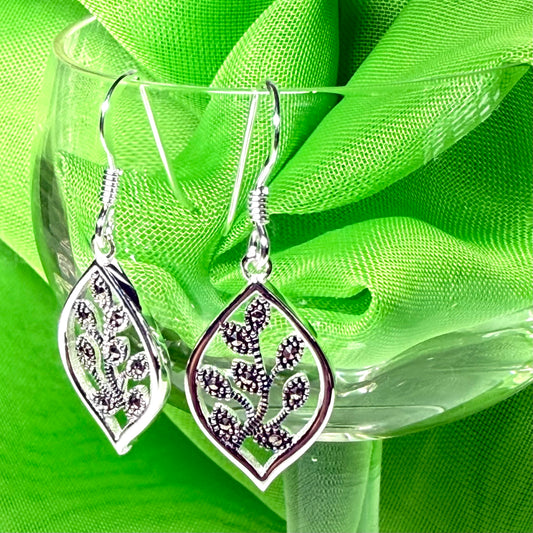 Real marcasite drop earrings marquise shaped sterling silver leaf design