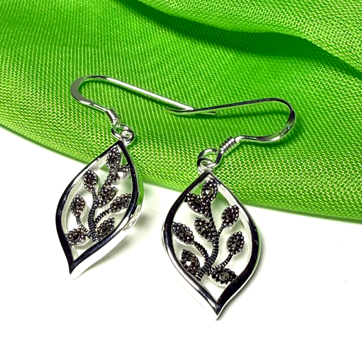 Pair of real marcasite drop earrings marquise shaped sterling silver leaf design