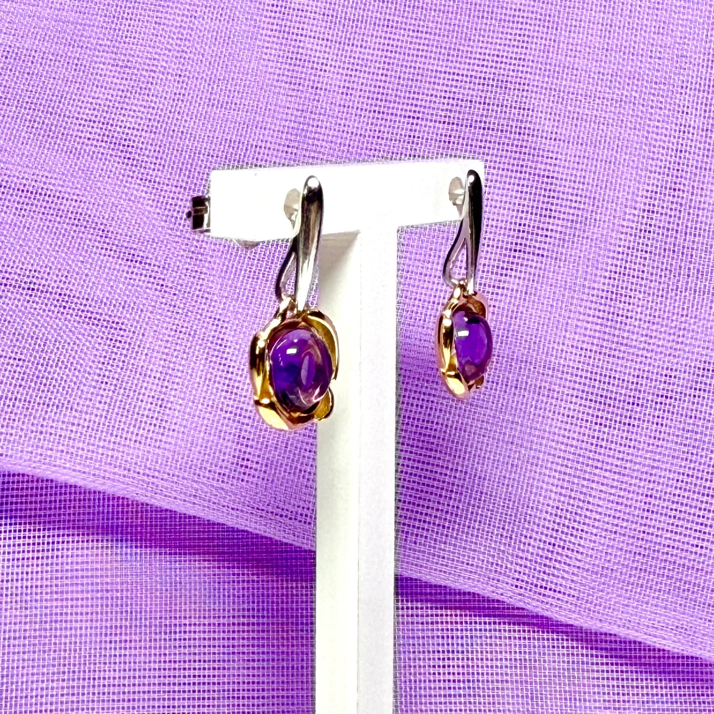 Pair of real purple amethyst round drop earrings sterling silver gilt
