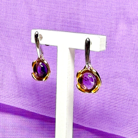 Pair of real purple amethyst round drop earrings sterling silver gilt