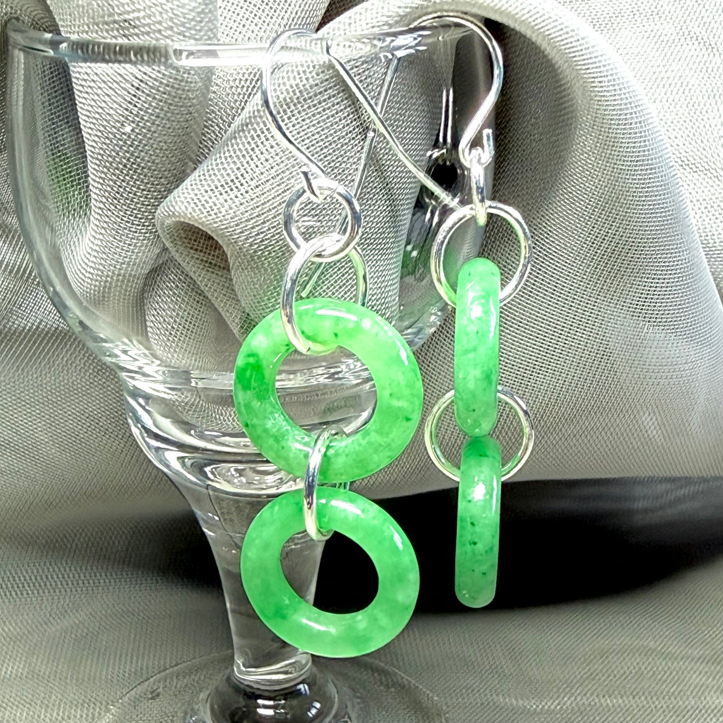 Pair of round shaped sterling silver real green jade double circle drop earrings