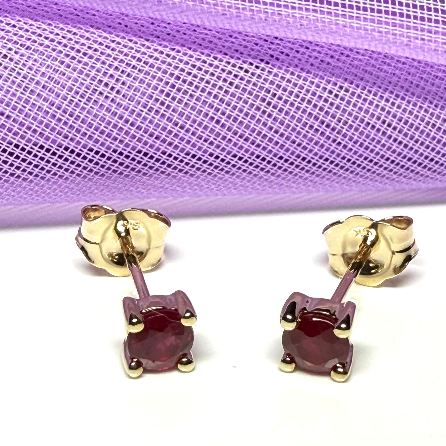 Real ruby earrings round yellow gold stud