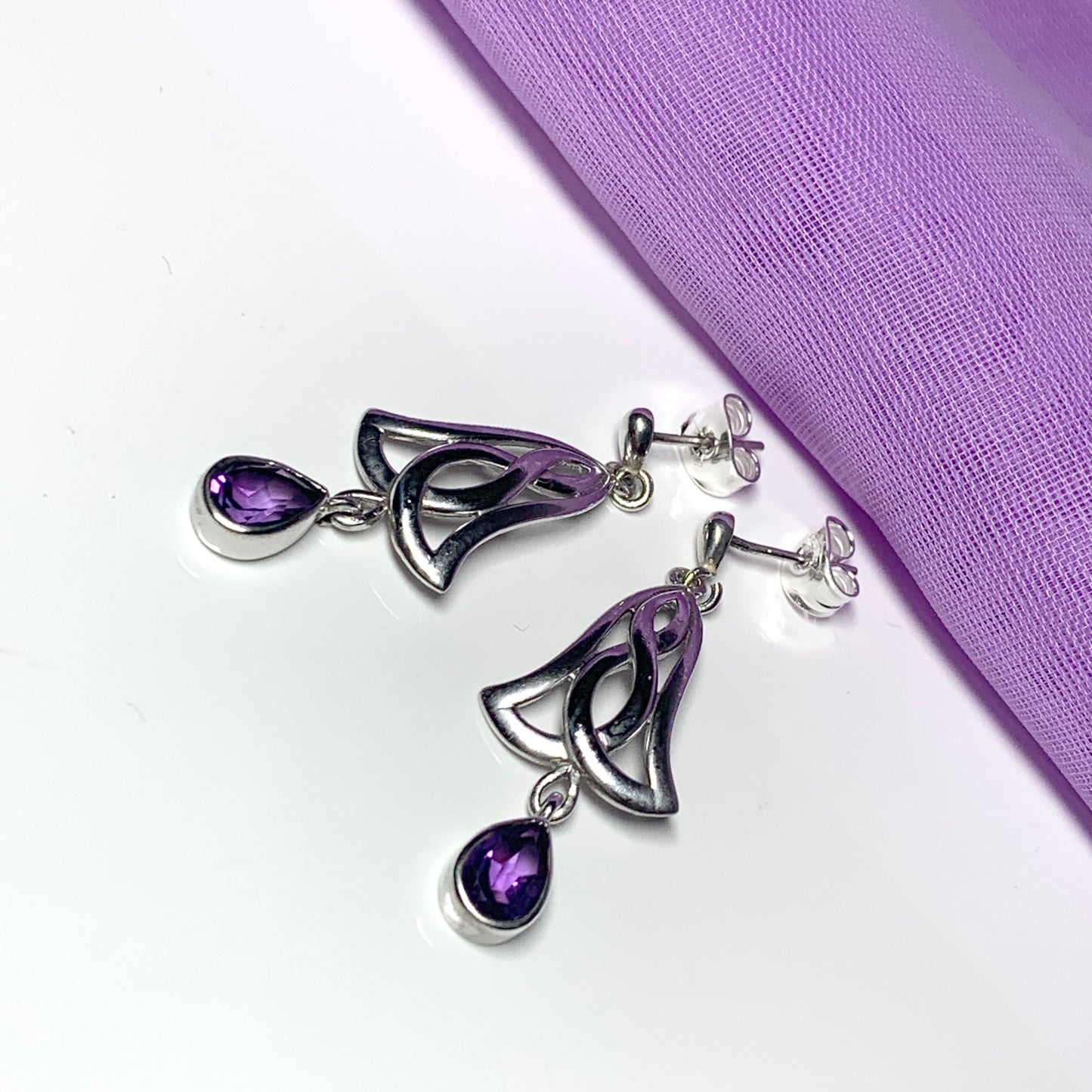 Pair of real amethyst sterling silver pierced Celtic drop earrings