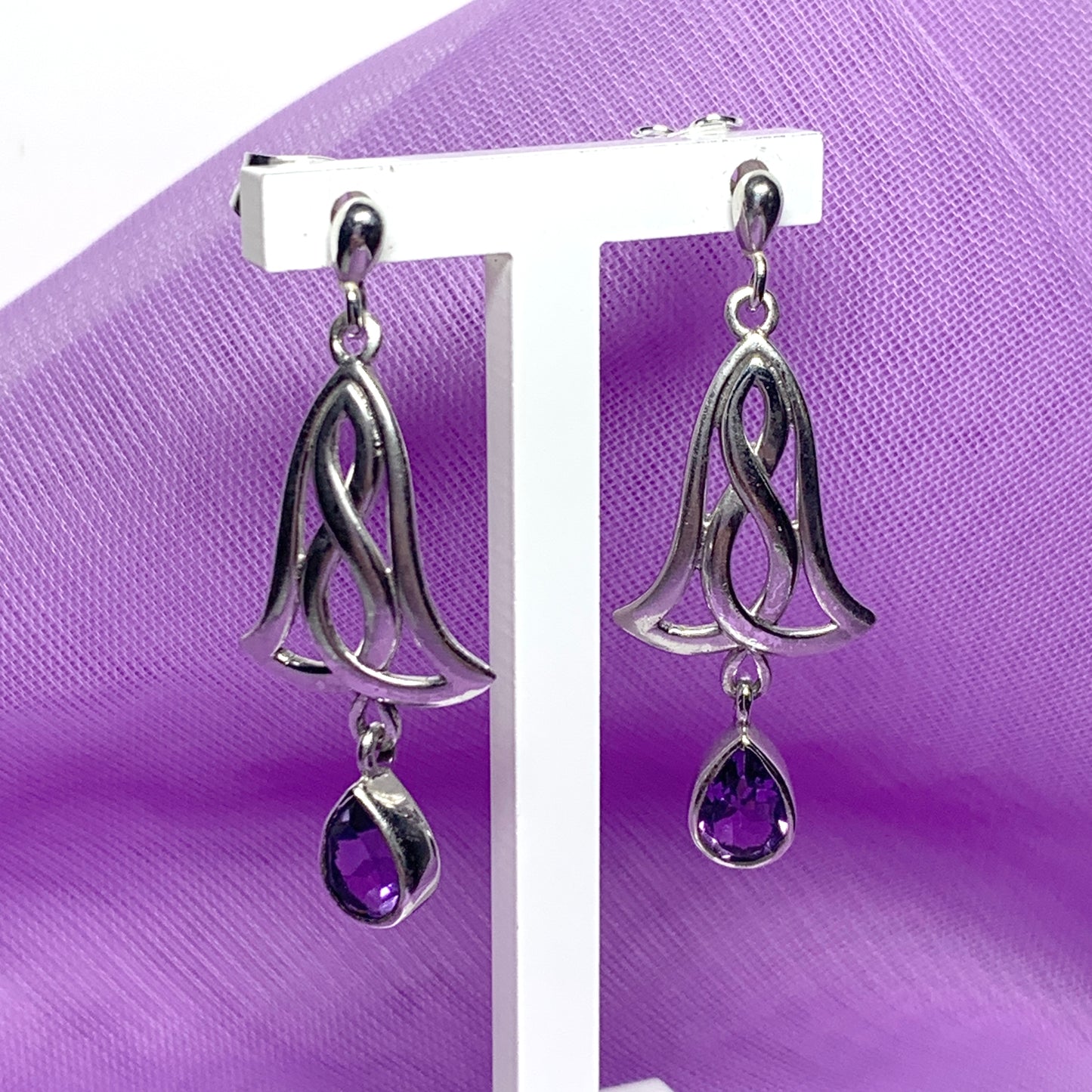 Pair of real amethyst sterling silver pierced Celtic drop earrings