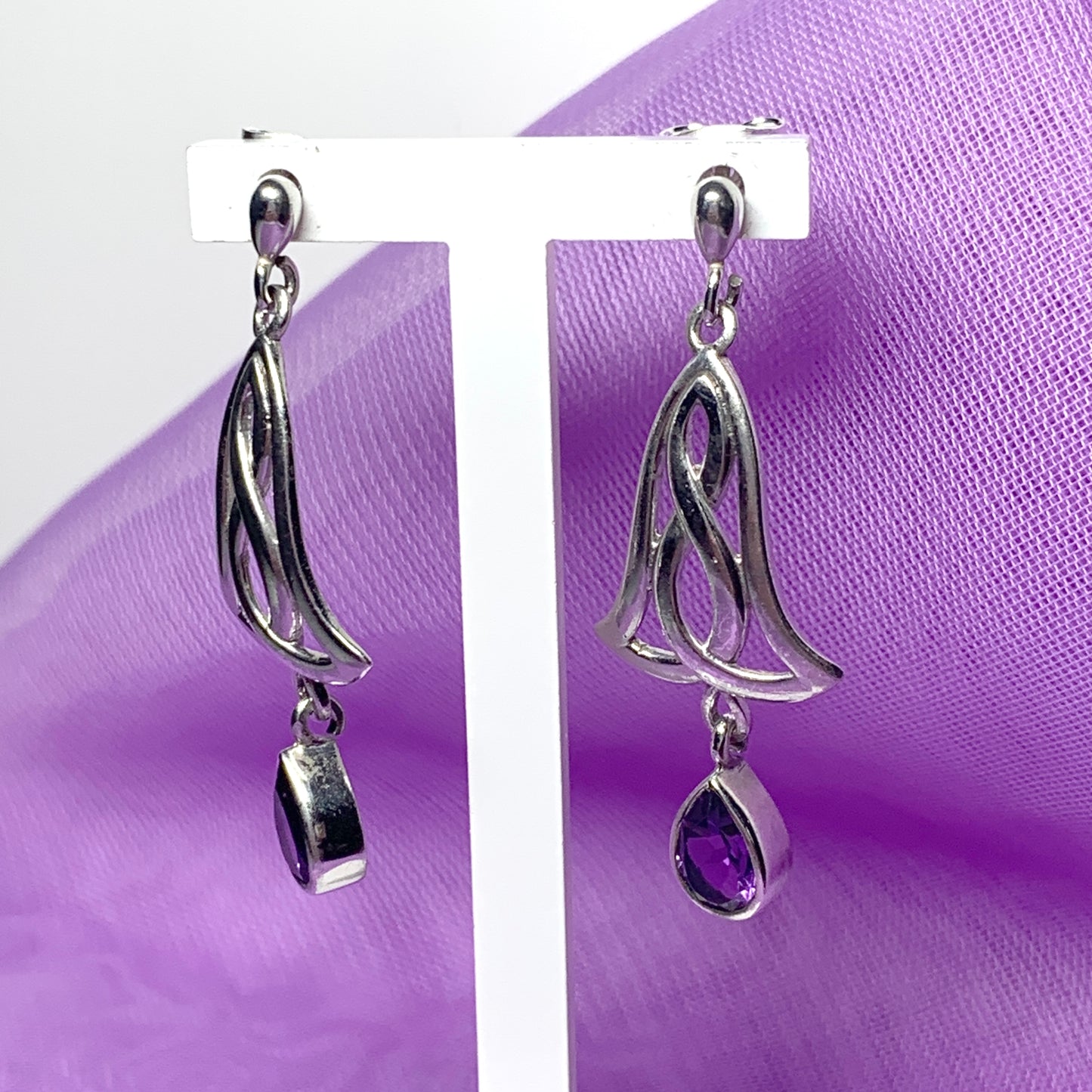 Pair of real amethyst sterling silver pierced Celtic drop earrings