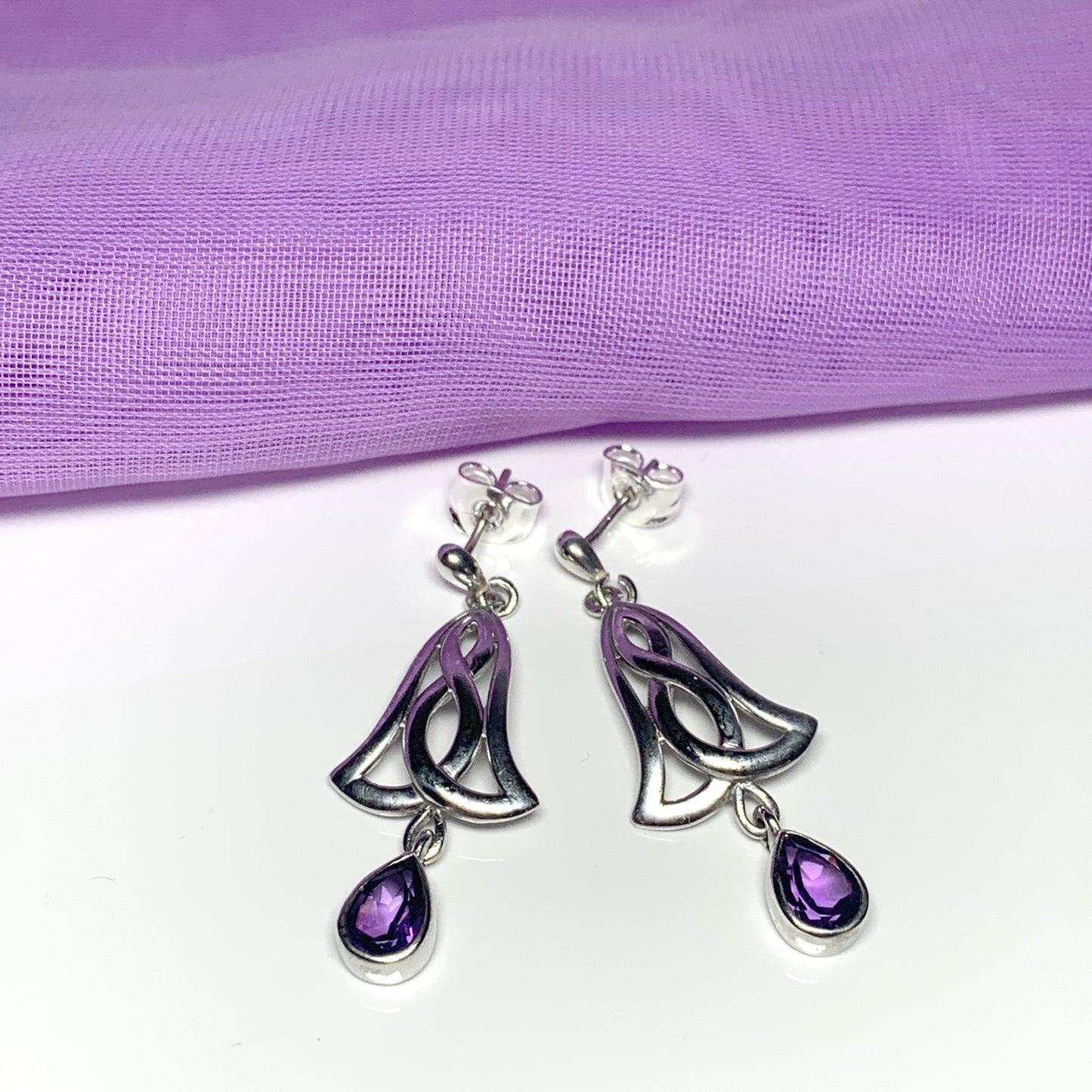 Pair of real amethyst sterling silver pierced Celtic drop earrings