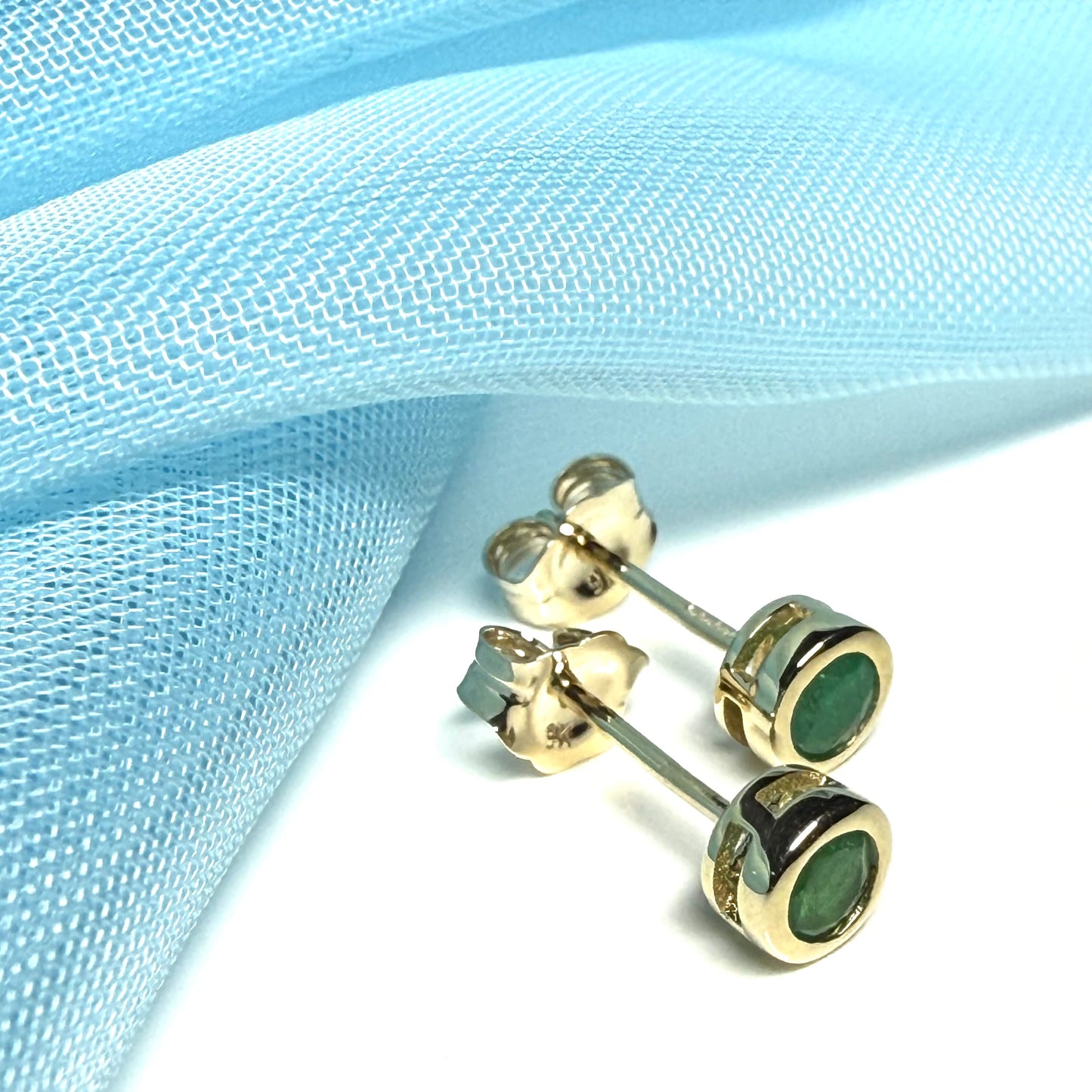 Real Green Emerald Stud Earrings 9ct Yellow Gold – Round Cut 4.5mm | May Birthstone Gift