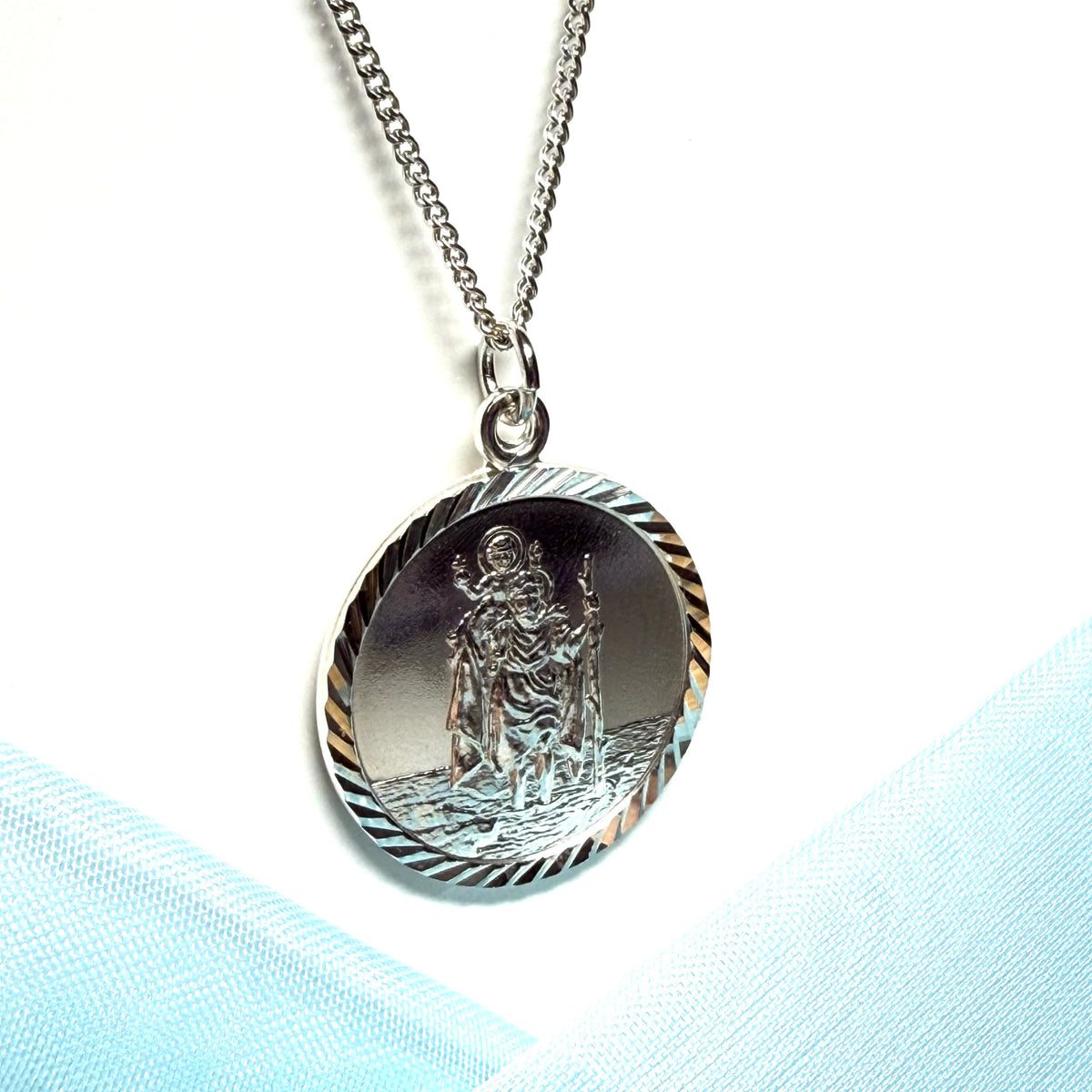 Patterned Edge Round Sterling Silver St. Christopher