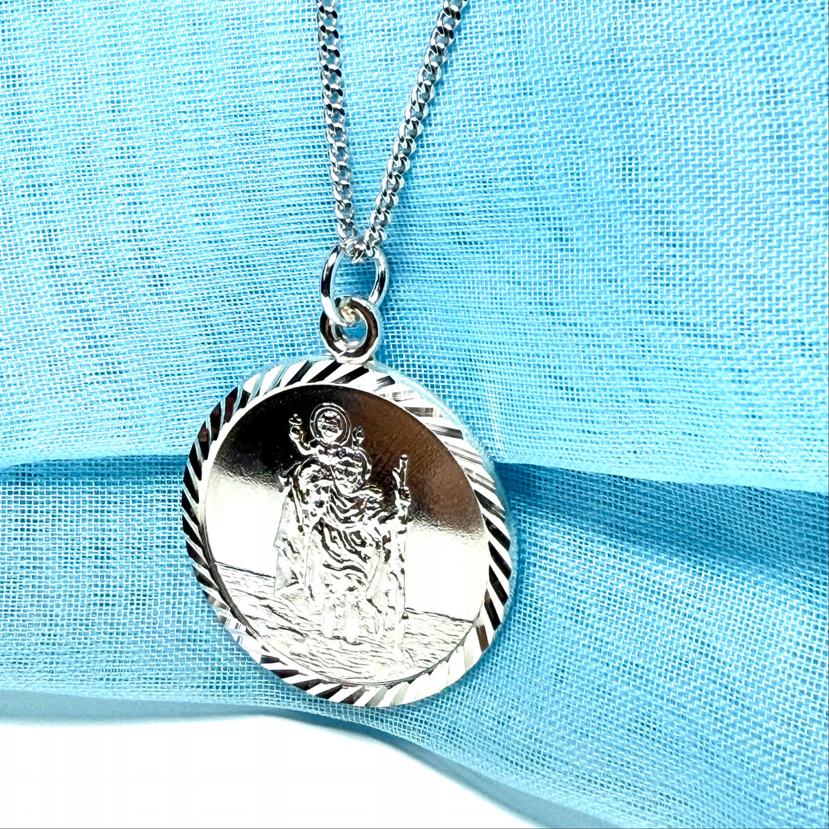 Patterned Edge Round Sterling Silver St. Christopher