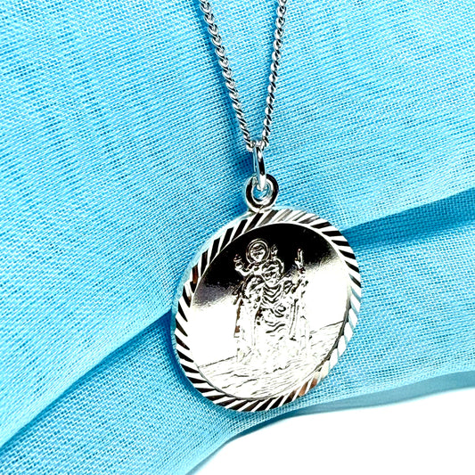 Patterned Edge Round Sterling Silver St. Christopher