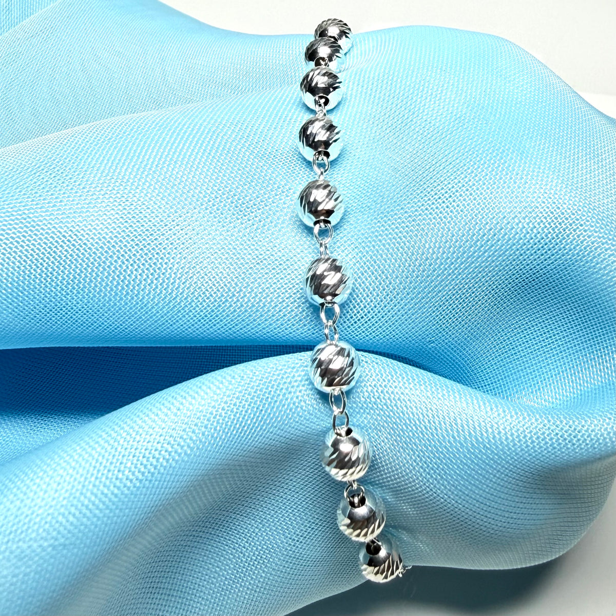 Patterned ball bobble shaped charm bracelet ladies solid sterling silver