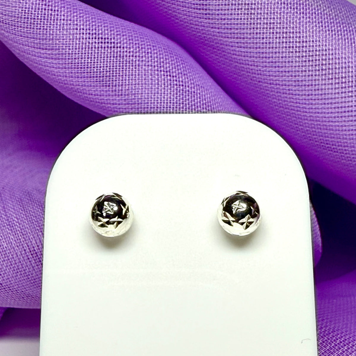 Patterned ball stud earrings sterling silver diamond cut 5 mm