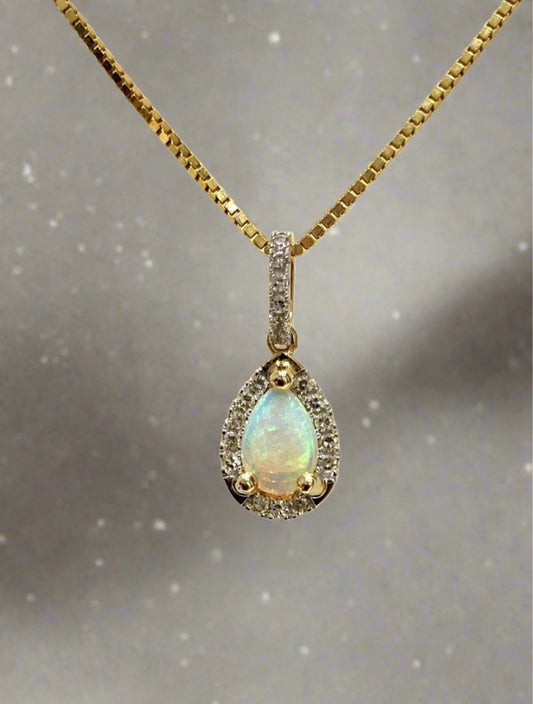 Pear shaped real opal and diamond yellow gold cluster necklace