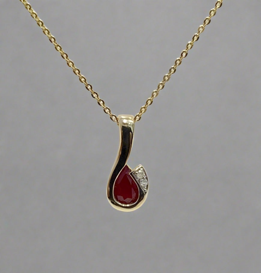 Pear Shaped Ruby And Diamond Yellow Gold Necklace