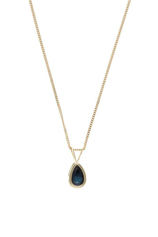 Pear shaped yellow gold dark blue Sapphire necklace pendant