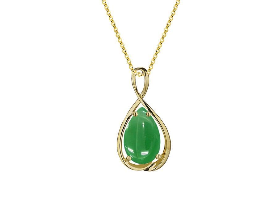 Real jade necklace green pear teardrop shaped pendant yellow gold