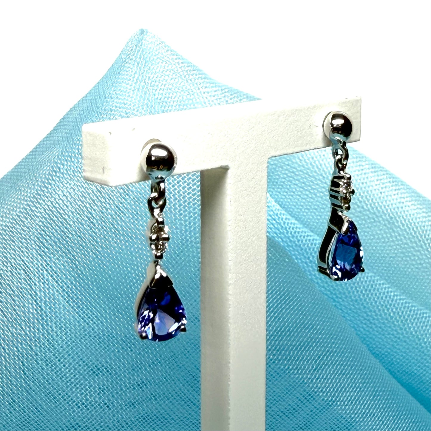 Pear shaped real tanzanite drop dangling earrings with diamond crafted in white gold