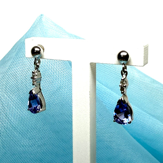 Pear shaped real tanzanite drop dangling earrings with diamond crafted in white gold