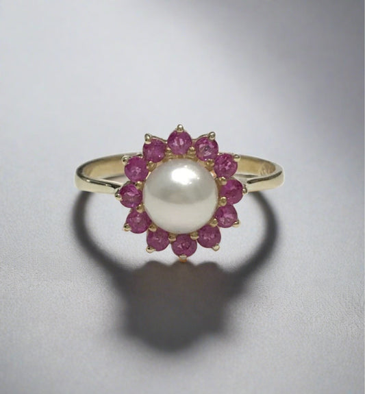 Pearl And Ruby Yellow Gold Round Cluster Ring