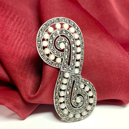 Pearl brooch real freshwater cultured sterling silver with marcasite stones figure of eight