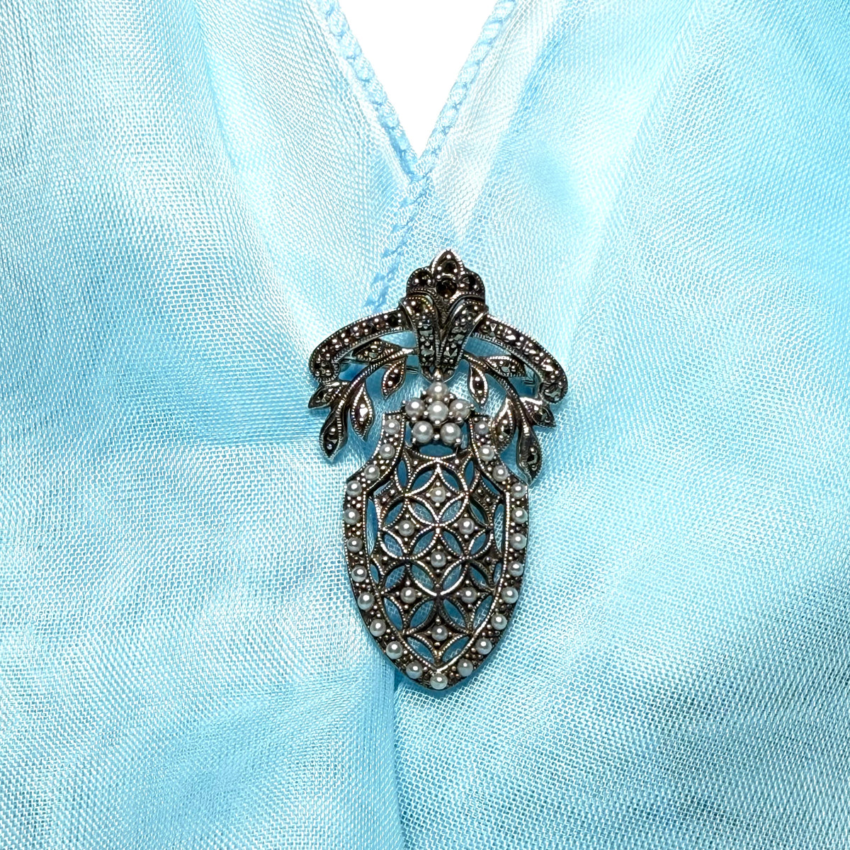 Pearl shield shaped brooch real freshwater cultured sterling silver with marcasite stones