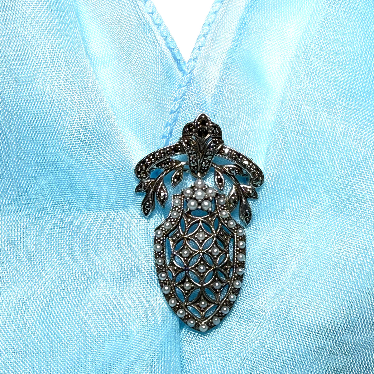 Pearl shield shaped brooch real freshwater cultured sterling silver with marcasite stones