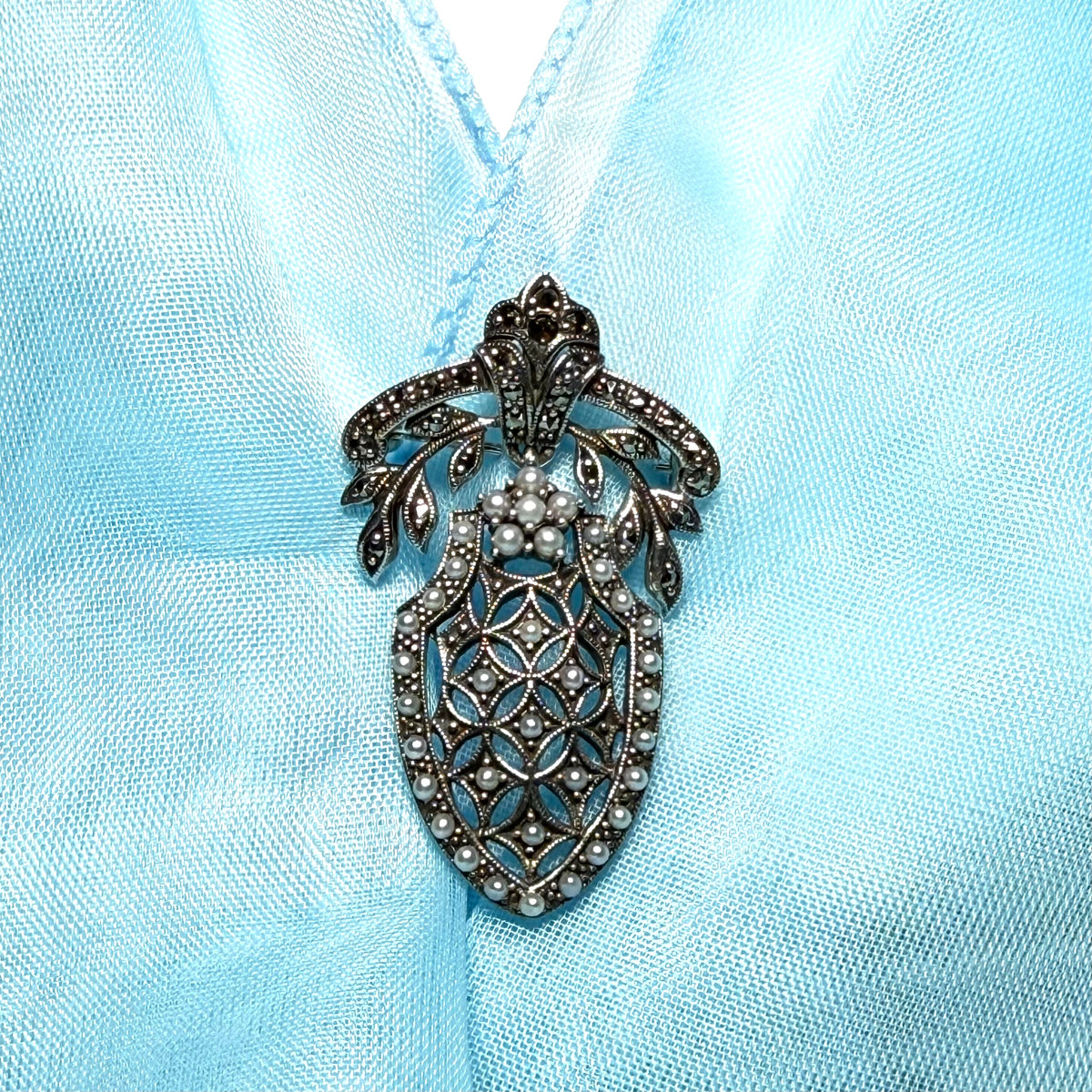 Pearl shield shaped brooch real freshwater cultured sterling silver with marcasite stones