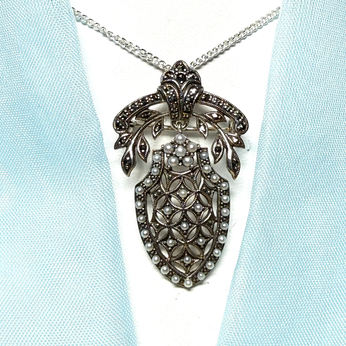 Pearl shield shaped necklace real freshwater cultured sterling silver with marcasite stones