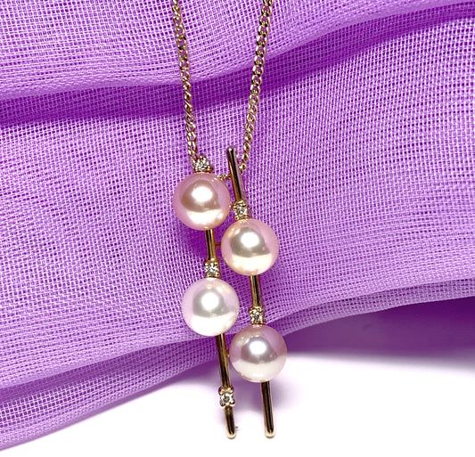 Pearl and diamond necklace cluster freshwater cultured yellow gold pendant