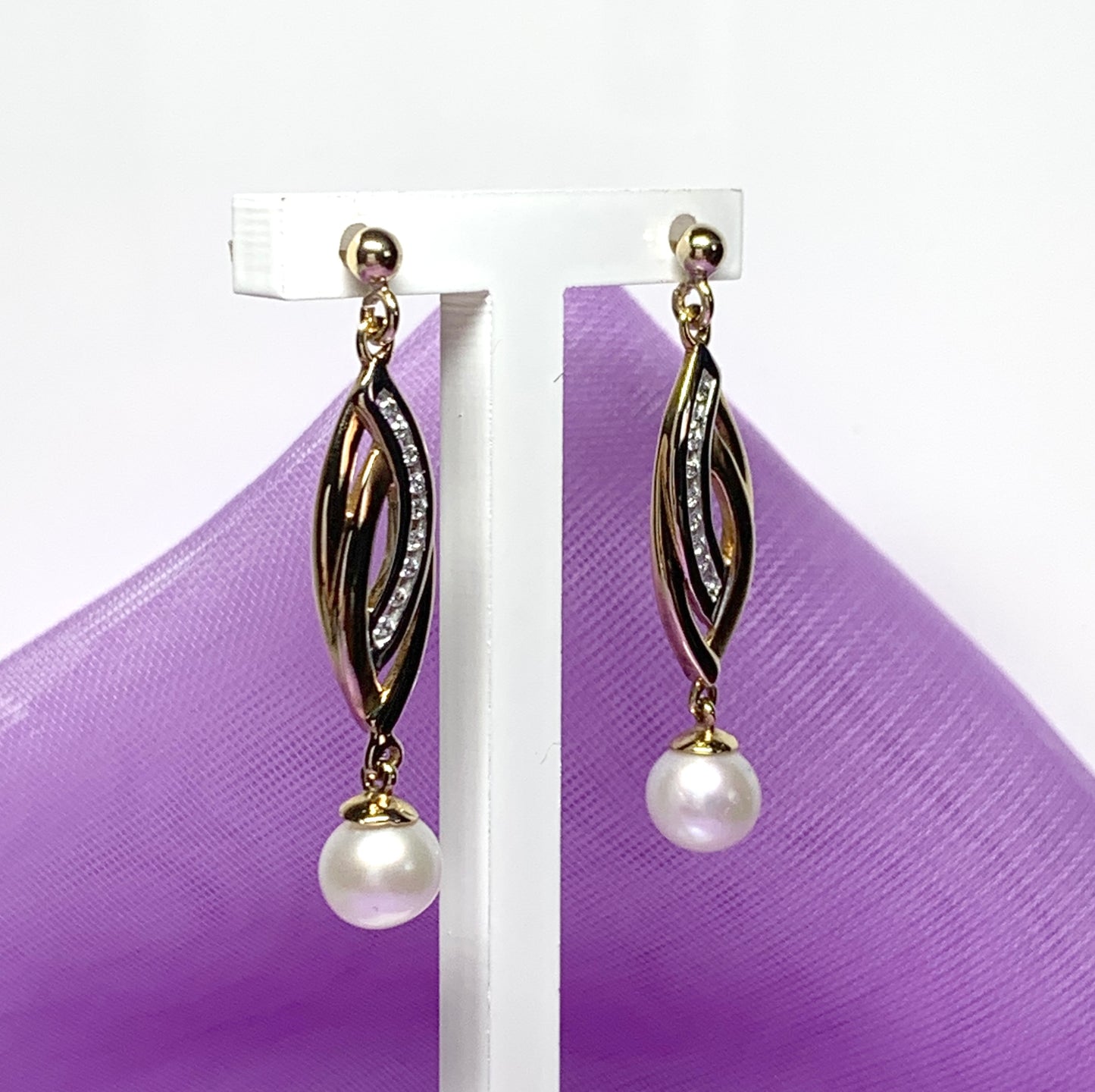 Pearl and cubic zirconia necklace freshwater cultured two tone gold drop earrings