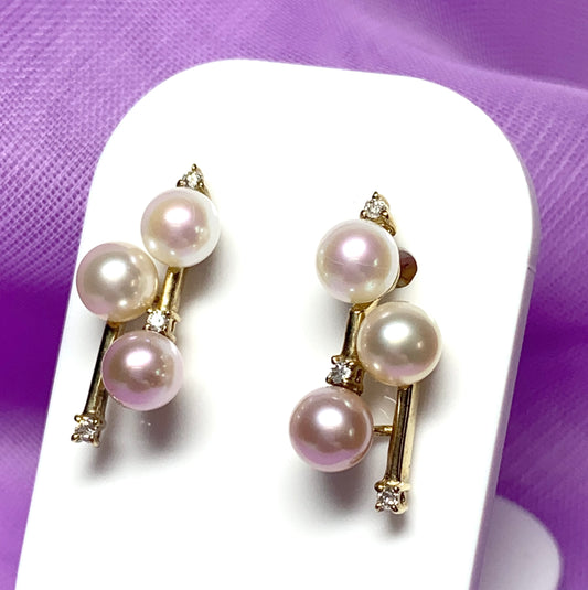 Pearl and diamond drop earrings cluster freshwater cultured yellow gold