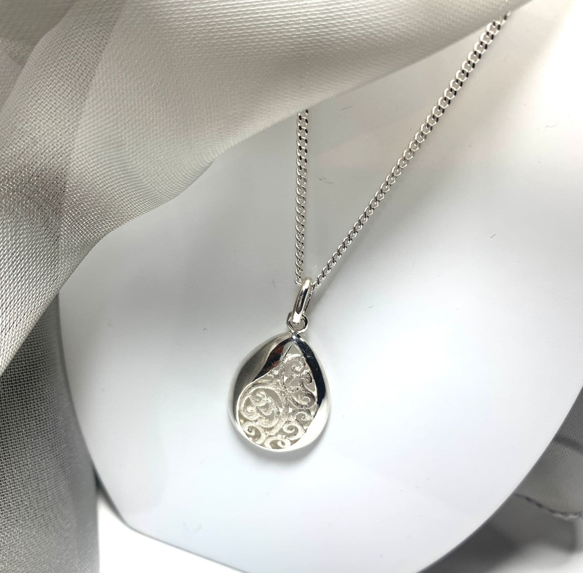Pear shaped filigree teardrop sterling silver necklace pendant
