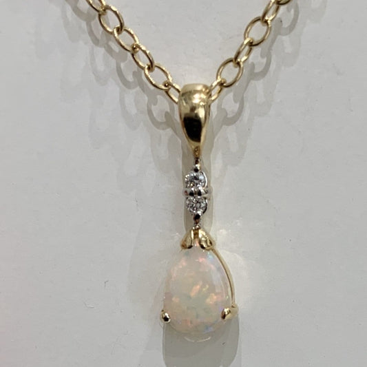 Pear shaped real opal and diamond yellow gold necklace