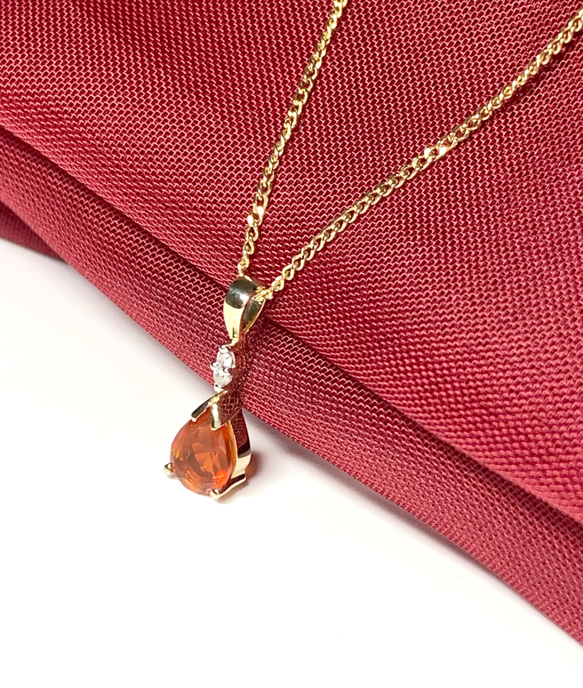 Pear shaped orange real fire opal and diamond yellow gold necklace