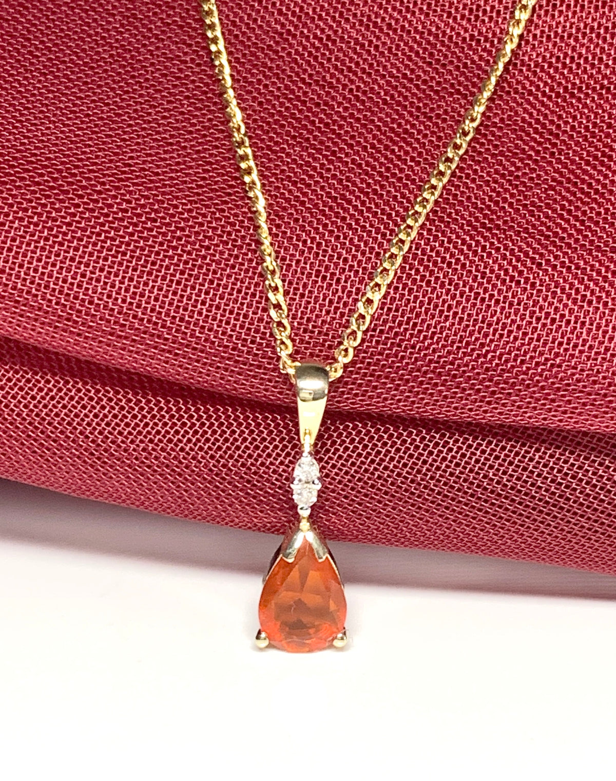 Pear shaped orange real fire opal and diamond yellow gold necklace