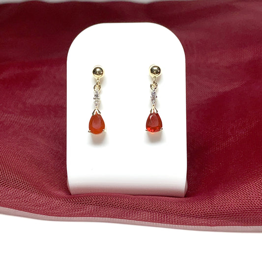 Pear shaped orange real fire opal and diamond drop earrings yellow gold
