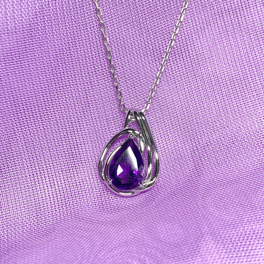 Pear shaped purple amethyst swirl mount white  gold necklace