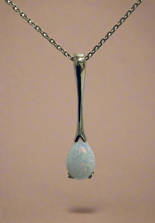 Pear shaped real opal yellow gold long necklace pendant