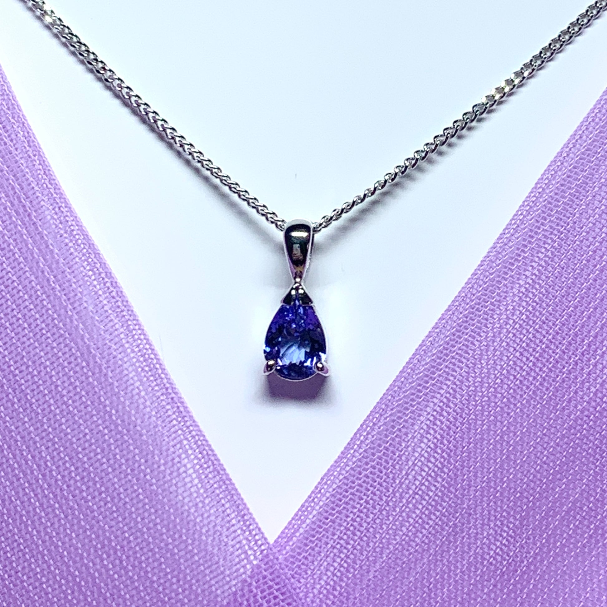 Pear shaped real tanzanite white gold necklace