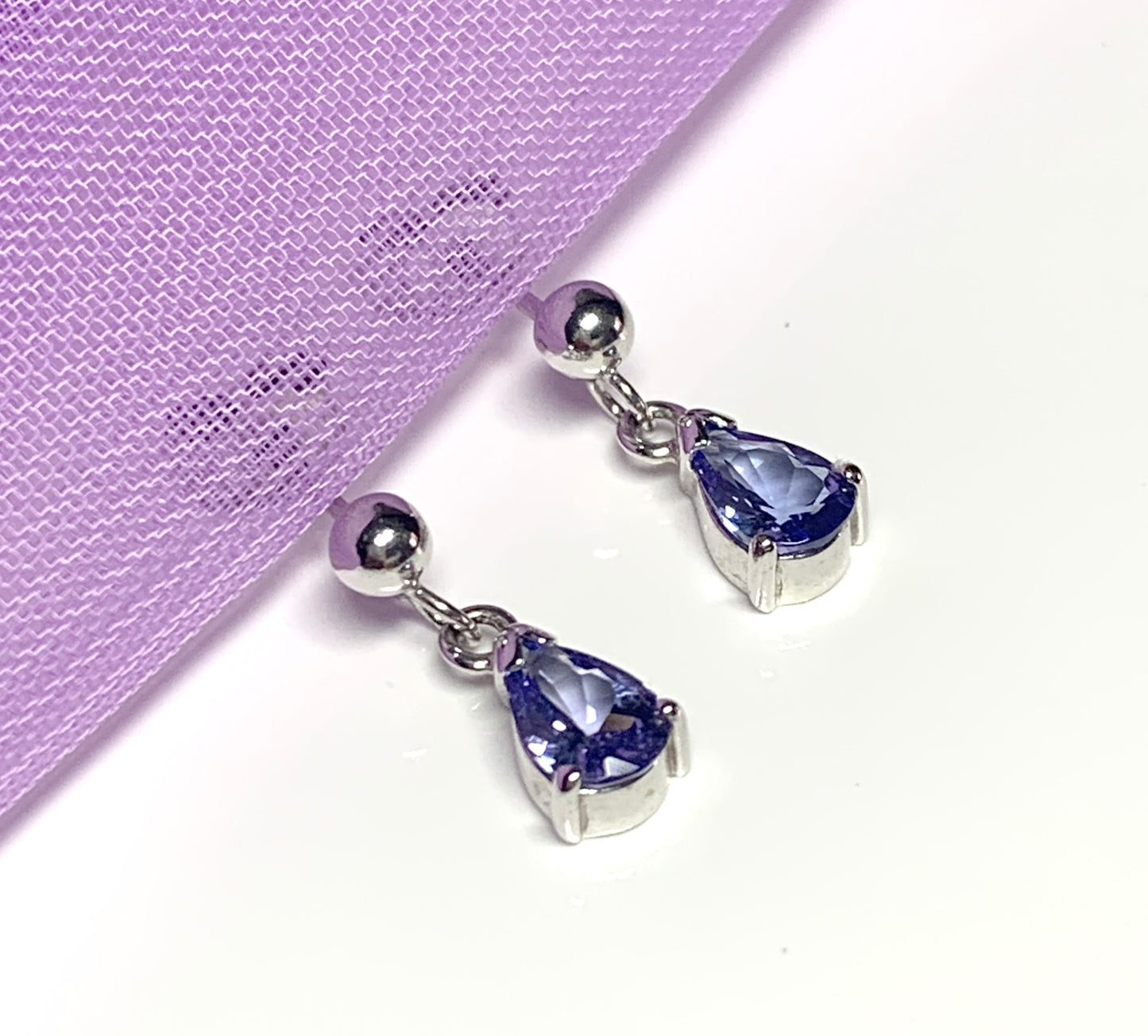 Pear shaped real tanzanite white gold drop earrings