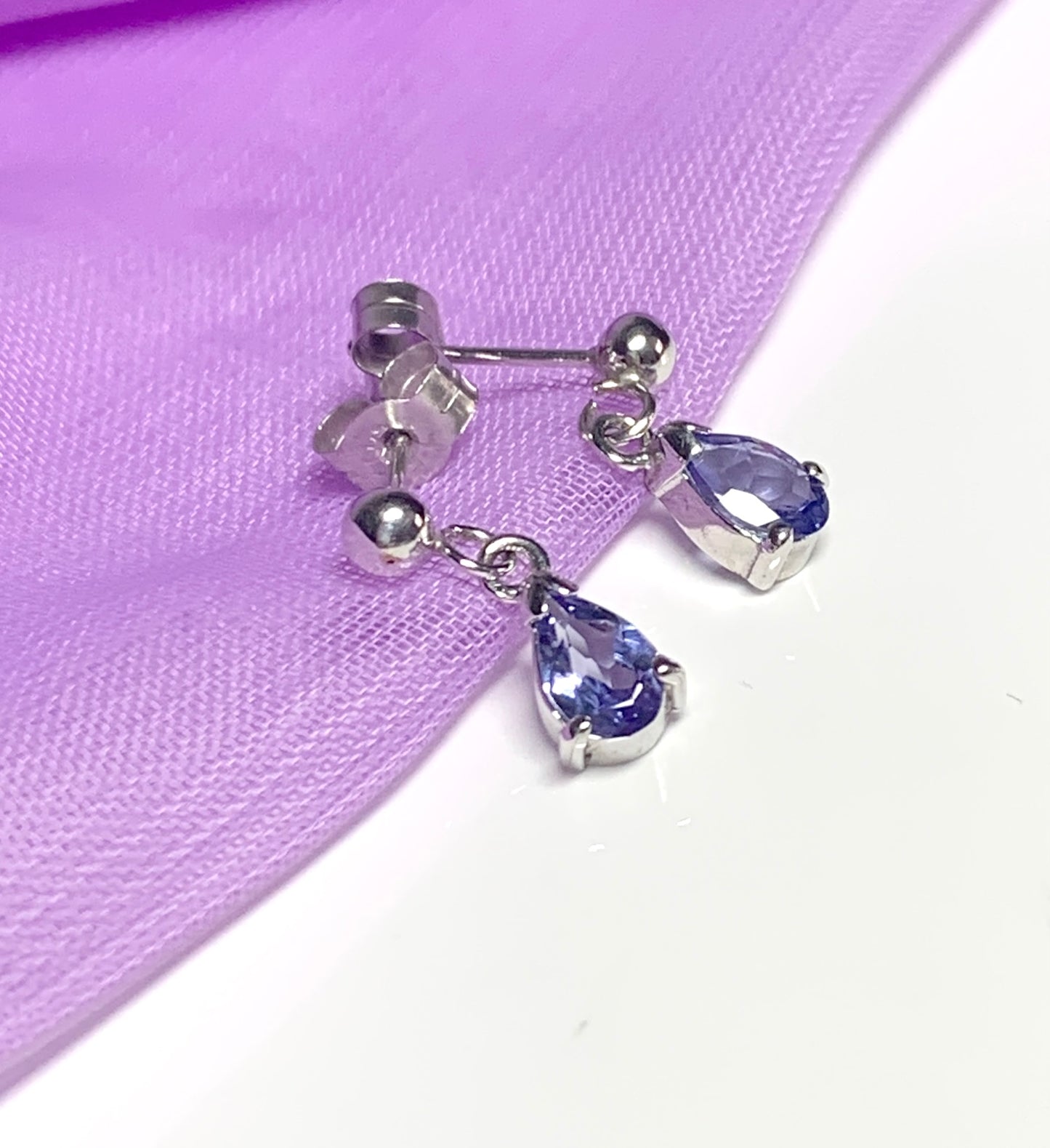 Pear shaped real tanzanite white gold drop earrings