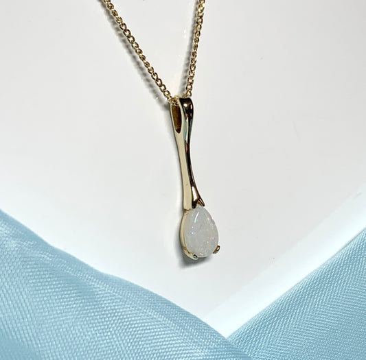 Pear shaped real opal yellow gold long necklace pendant
