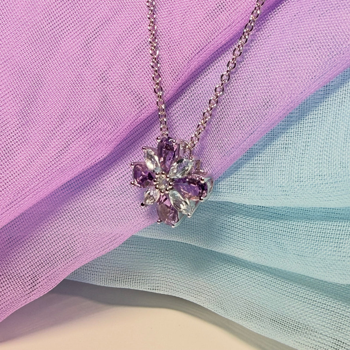 Pendant real amethyst and real blue topaz fancy spray necklace