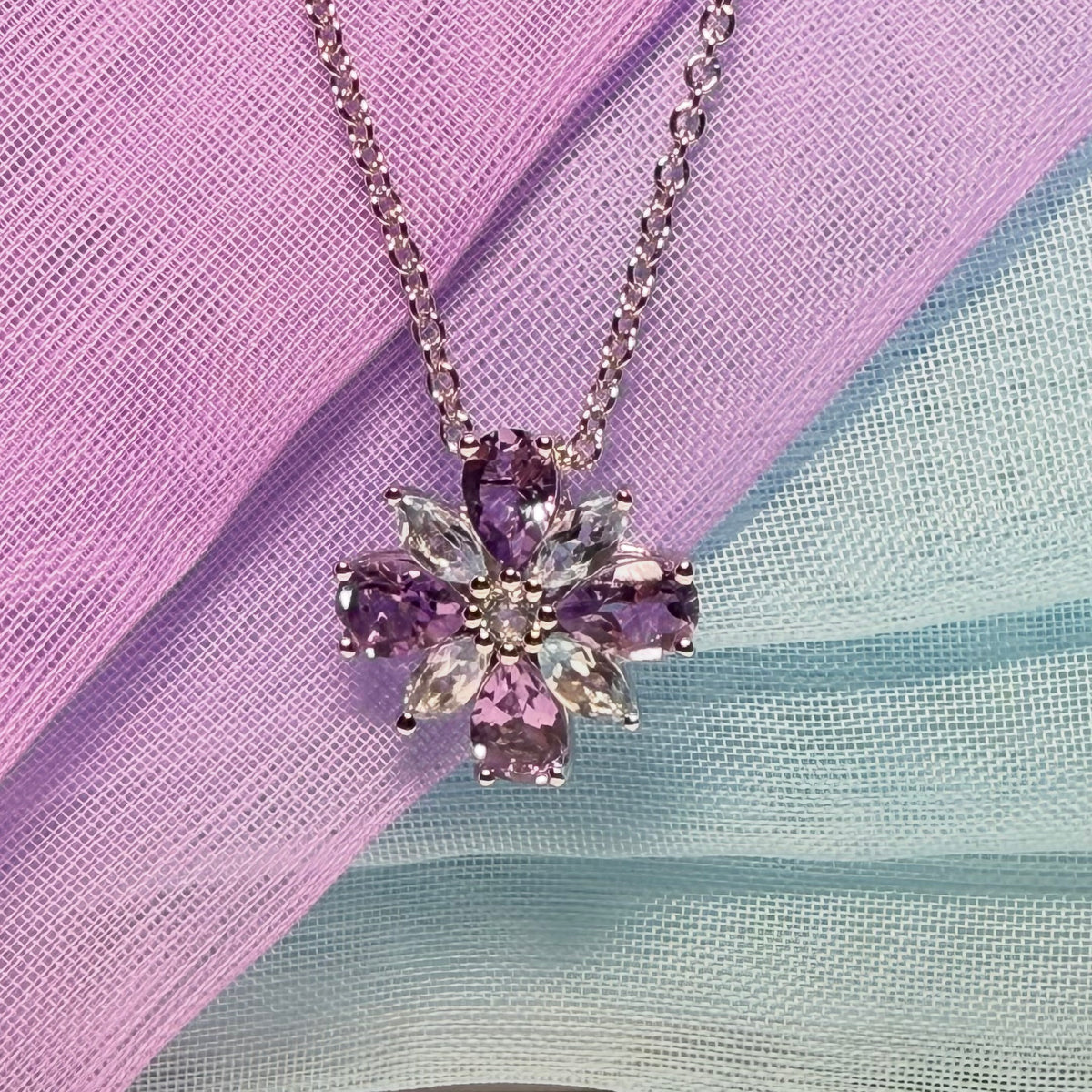 Pendant real amethyst and real blue topaz fancy sprayed necklace