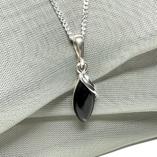 Pendant real black jet marquise shaped sterling silver necklace