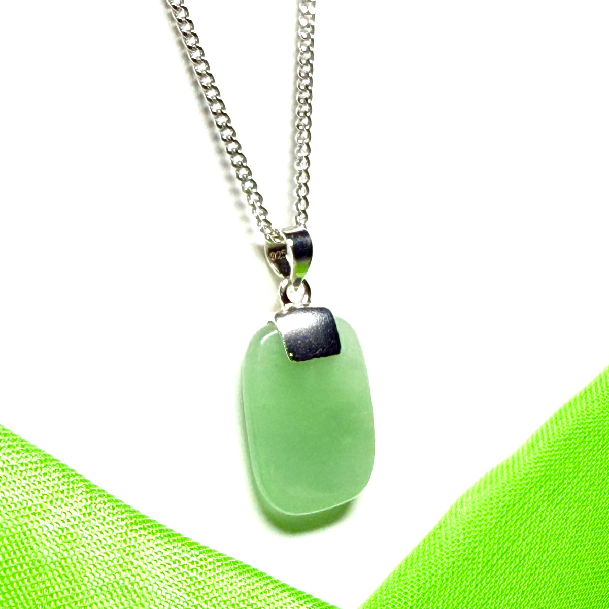 Pendant real cushion shaped green jade necklace sterling silver with chain