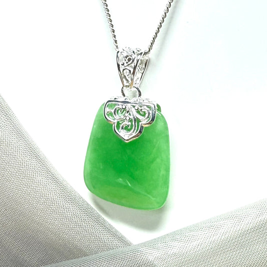 Pendant with a real green jade stone, large cushion shaped necklace including a chain